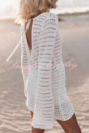 Sunset Love Knit Open Back Tie-up Flare Sleeve Cover Up Mini Dress