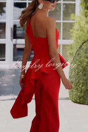 Amena One Shoulder Sweetheart Neck Ruffle Hem Top and Elastic Waist Pocket Wide Leg Pants Set