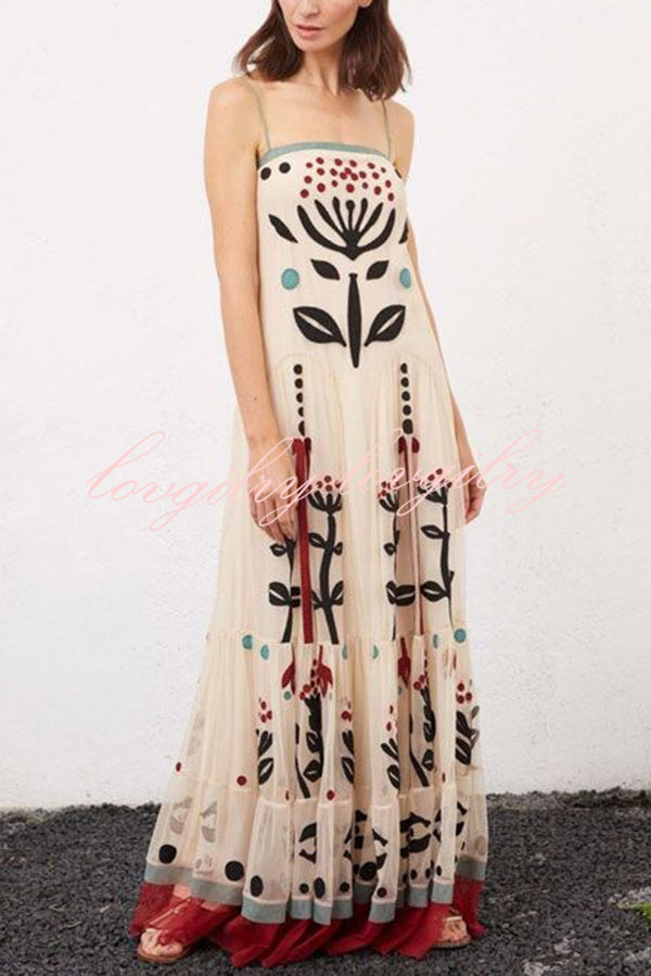 Botanical Print Chiffon Sling Backless Resort Maxi Dress