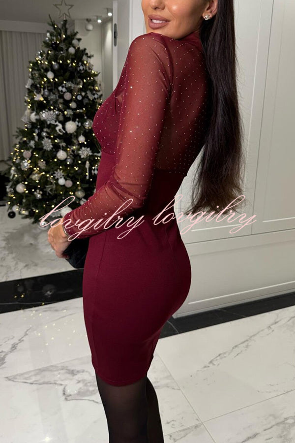 Sexy Energy Mesh Glitter Fabric Cutout Shirt Neck Long Sleeve Stretch Mini Dress