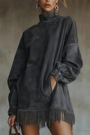 Stylish High-neck Long-sleeved Loose-fitting Pockets Tassel Mini Dress