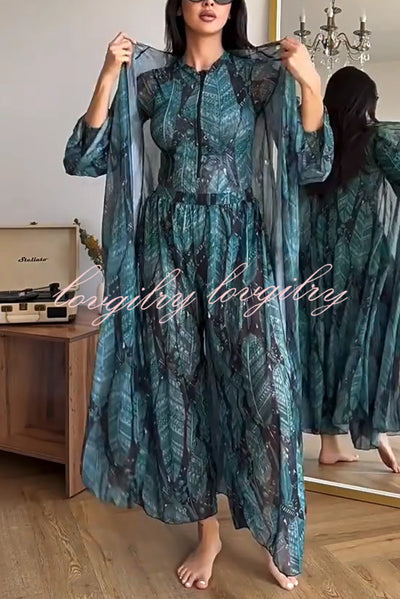 Unique Print One-piece Swimsuit and Cardigan and High Rise Pants Three-piece Set