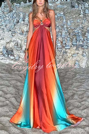 Neon Sunset Printed Metal Decoration Cutout Back Tie-up Vacation Maxi Dress