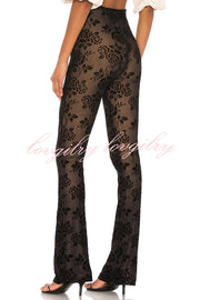 Romance Detail Flower Pattern Mesh Elastic Waist Stretch Flare Pants