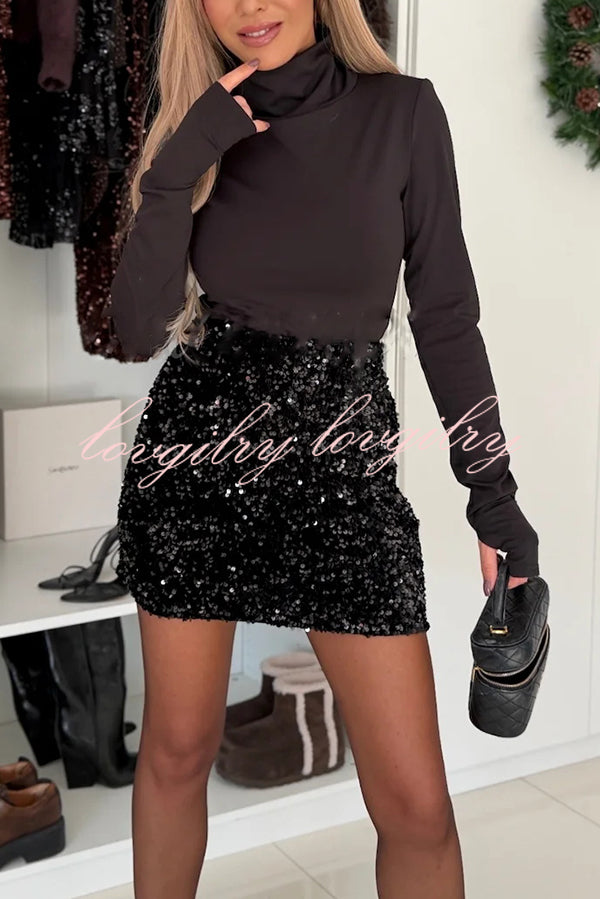 Polished Uptown Velvet Sequin High Rise Elastic Waist Mini Skirt