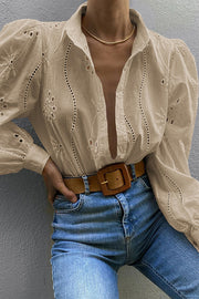 Fashion Hollow Puff Sleeve Casual Lapel Loose Shirt