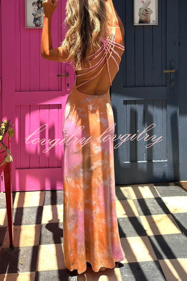 Summer Adventures Tie-dye Print Back Lace-up Stretch Maxi Dress