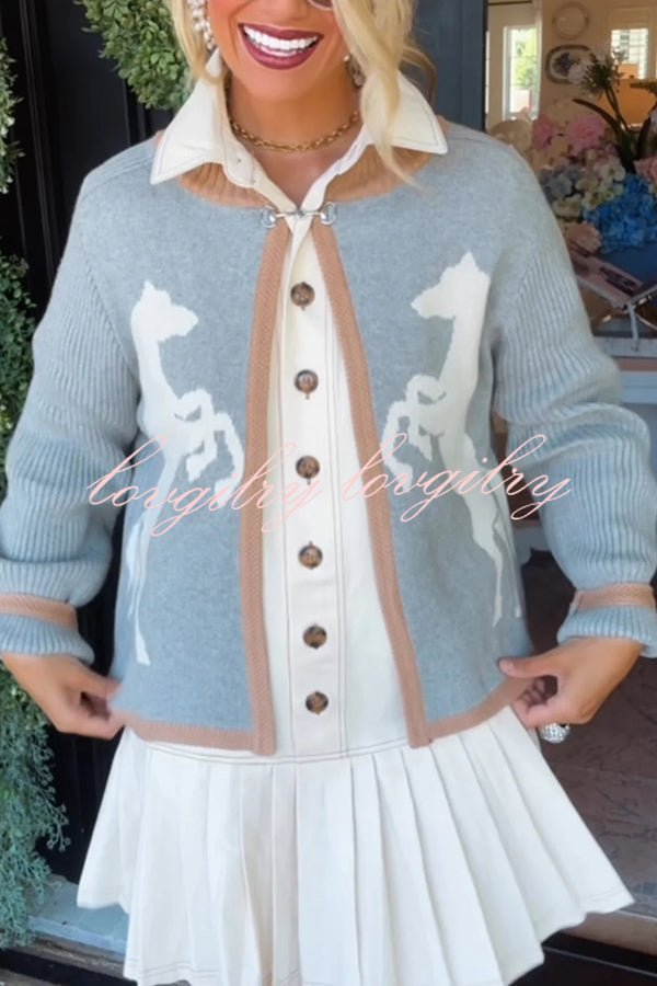 Stylish White Horse Pattern Casual Long-sleeved Knitted Cardigan