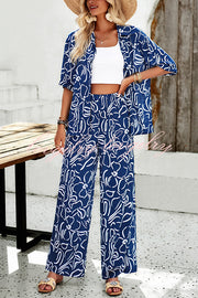 Irregular Printed Button Pocket Long Sleeved Shirt and Elastic Waist Pants Set