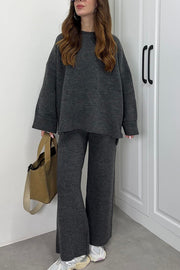 Solid Color Loose Long-sleeved Knit Top and Elastic Waist Casual Straight Leg Pants Set