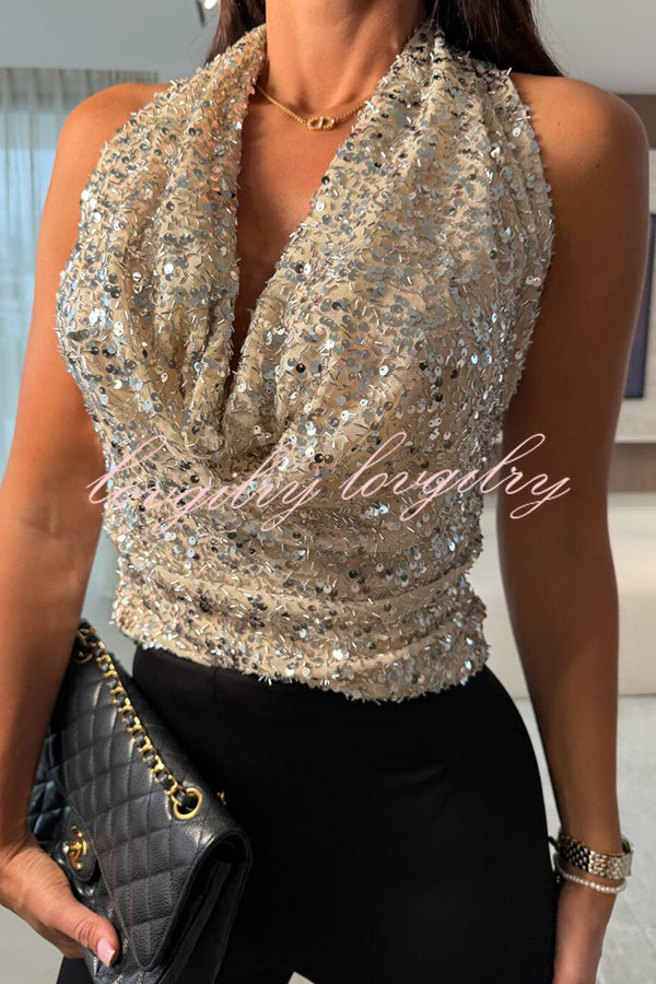 Dazzling Night Sequin Halter Cowl Neck Backless Tank