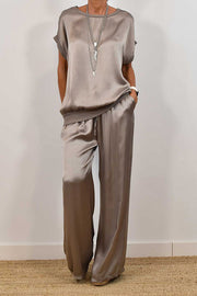 Satin Solid Color Loose Short-sleeved Top and Elastic Waist Lace-up Pocket Wide-leg Pants Set