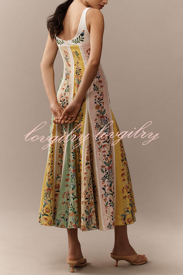 Sweet Garden Linen Blend Color Block Floral Paneled Maxi Dress