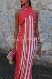 Sunset Breeze Linen Blend Colorful Stripes Cross Halter Flare Maxi Dress