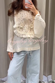 Fashionable Round Neck Tie Hollow Stitching Casual Shirt