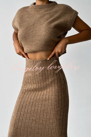 Triko Knit Short Sleeve Sweater and Stretch Ribbed Midi Skirt Set