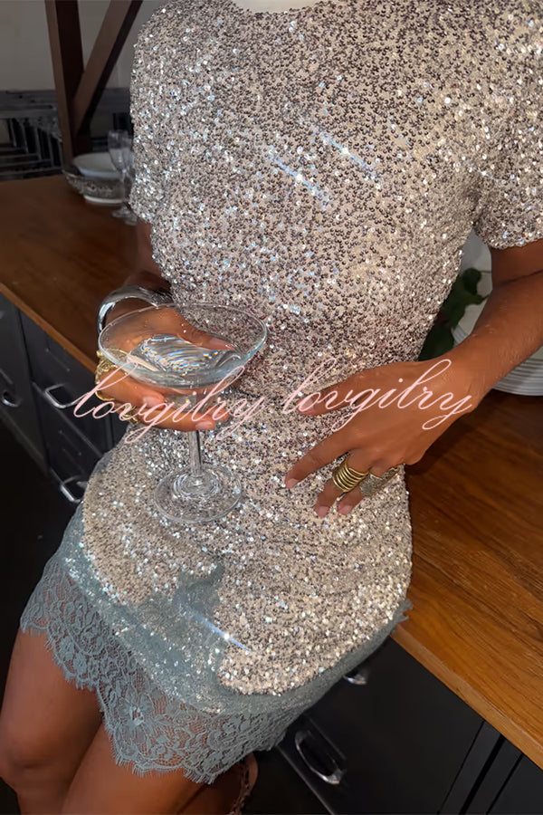 Power of Styling Sequin Lace Trim Elastic Waist Mini Skirt