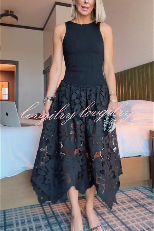Atlas Asymmetric Ribbed-knit and Guipure Lace Back Zipper Midi Dress