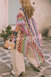 Sun Washed Knit Colorful Zigzag Pattern Asymmetric Hem Loose Cover-ups Kaftan