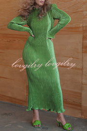 Hansin Satin Pleated Fabric Long Sleeve Wavy Trim H-line Slit Midi Dress