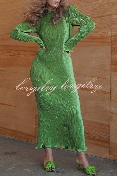 Hansin Satin Pleated Fabric Long Sleeve Wavy Trim H-line Slit Midi Dress