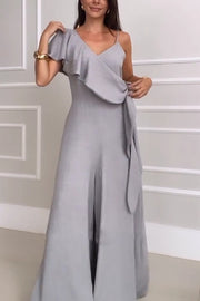 Solid Color V-neck Suspenders Casual Wide-leg Jumpsuit (Contains Shawl)
