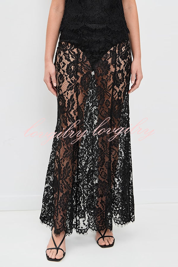Make An Entrance Floral Stretch Lace Mid Rise Flare Maxi Skirt