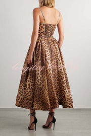 Unleash Your Wild Leopard Rhinestone Trim Back Smocked Midi Dress