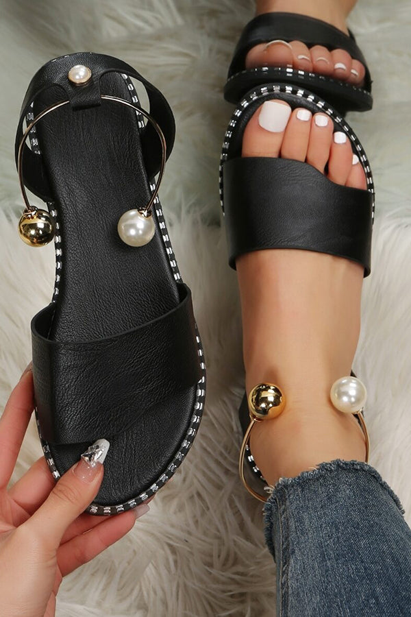 Summer Simple Flat Bottom Pearl Buckle Roman Sandals