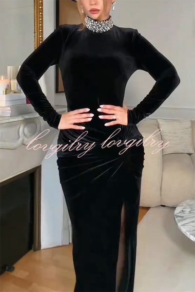 Love Lost Velvet Embellished High Neck Long Sleeve Twist Slit Maxi Dress