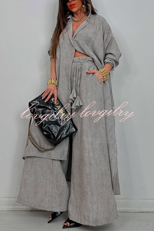 Solid Color Casual Loose Long Shirt and Elastic Waist Pocket Wide Leg Pants Set