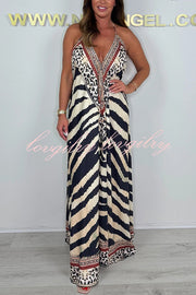 Zebra Print V-neck Open Back Loose Maxi Dress