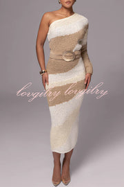 Soft Autumn Knit Colorblock One Shoulder Sleeve Ribbed Trim Loose Sweater