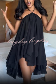 Chiffon Solid Color Halter Backless Irregular Mini Dress