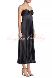 Love Note Satin Sweetheart Twist Off Shoulder Pleated Maxi Dress
