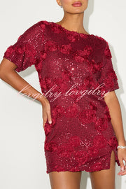 Feeling Exquisite Sequin-embellished Rose Texture Short Sleeve H-line Mini Dress