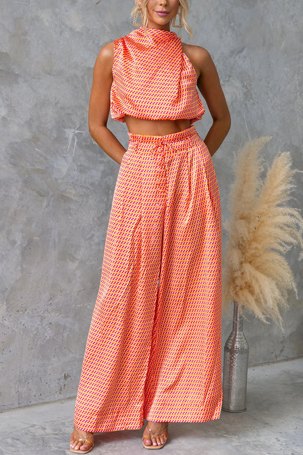Girls Night Satin Printed High Neck Top and Elastic Tie-up Waist Pocket Wide Leg Pants Set