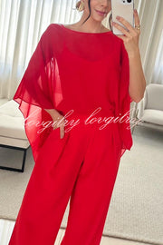 Vanie Chiffon Cape Batwing Sleeve Top and High Waist Pocket Wide Leg Pants Set