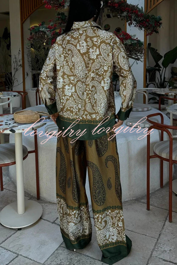 Naya Satin Contrast Color Paisley Long Sleeve Shirt and Elastic Waist Pocketed Pants Set