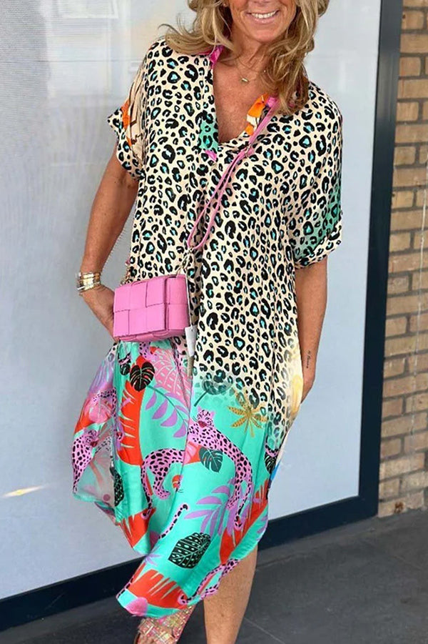 Fashion Leopard Print Short Sleeve Pocket Loose Midi Dress