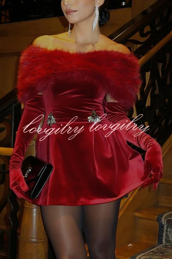 Luxury Chic Velvet Removable Faux Fur Collar Shiny Buckles Mini Dress