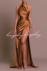 Satin Sexy Halter Neck Sleeveless High Slit Slim Maxi Dress