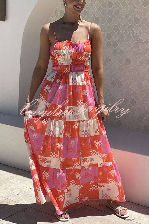 Resort Style Printed Suspender Pleated Loose Maxi Dress