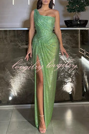 Elisabeth Sequin Pleated Design One Shoulder Slit Drape Gown Maxi Dress