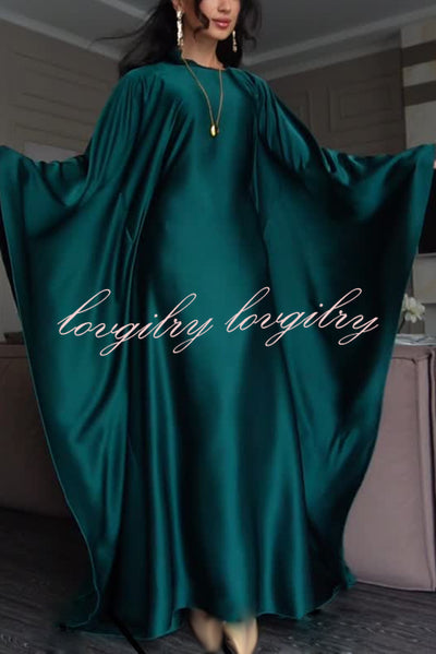 Dignified and Elegant Satin Batwing Sleeve with Waist Tie Design A-line Maxi Dress