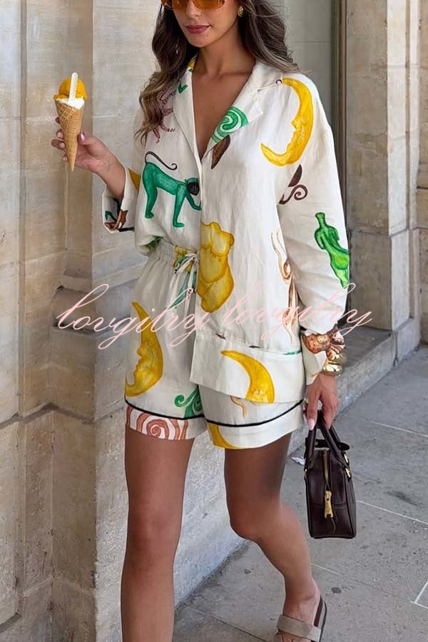 Fun Resort Linen Blend Unique Print Long Sleeve Shirt and Elastic Waist Pocket Shorts Set