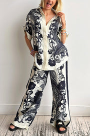 Linen Blend Lapel Short Sleeve Loose Top and Elastic Waist Casual Pocket Wide Leg Pants Set