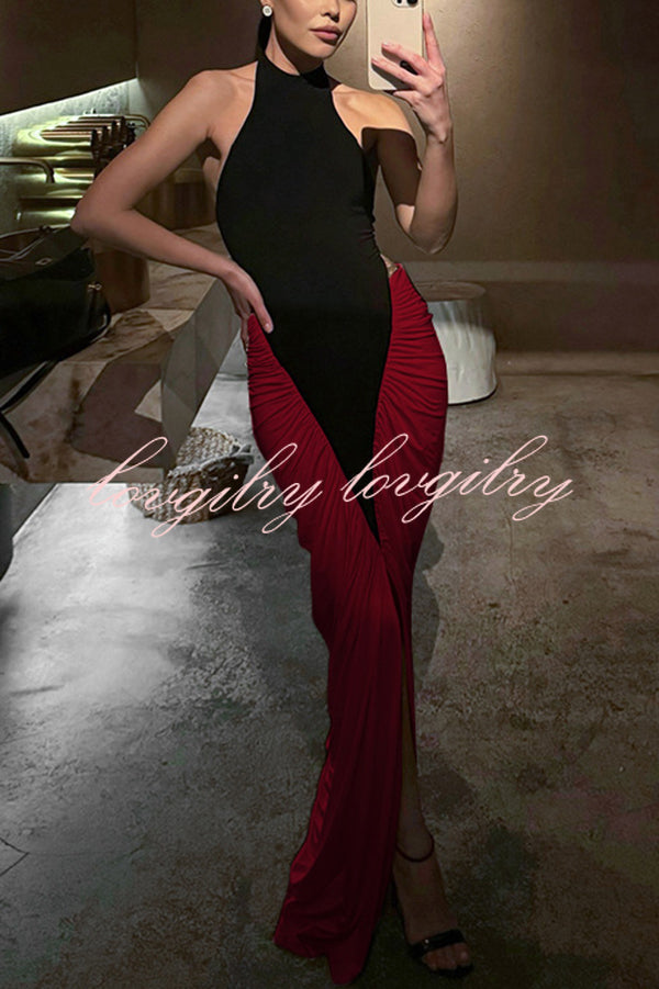 Fashionable Contrast Color Open Back Side Pleated Draped Maxi Dress