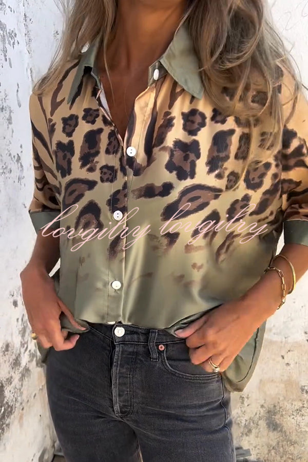 Classic Wild Satin Gradient Leopard Print Loose Short-sleeved Blouse