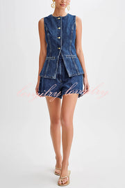 Abel Denim Button Up Seams Pocket Vest Top